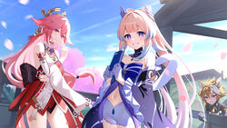  1boy 2girls animal_ears bare_shoulders blue_bow blue_hair blue_sky book bow brown_hair cherry_blossoms choker cloud commentary_request day detached_sleeves dog_boy dog_ears dress genshin_impact gloves gorou_(genshin_impact) gradient_hair grin highres holding holding_book long_hair long_sleeves looking_at_viewer multicolored_hair multiple_girls navel nontraditional_miko off-shoulder_dress off_shoulder petals pink_hair purple_eyes sangonomiya_kokomi shirt short_shorts shorts sky smile tyenka7728 very_long_hair white_shirt yae_miko 