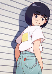  absurdres aragon_honnin black_hair blue_eyes blush bob_cut closed_mouth commentary_request cowboy_shot denim female from_behind from_below glasses highres jeans looking_at_viewer looking_back original pants photoshop_(medium) pocket rimless_eyewear round_eyewear shadow shirt shirt_tucked_in short_hair short_sleeves smile solo standing striped_background white_background white_shirt 