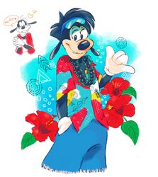  adolescent anthro black_body black_eyes black_fur black_nose blue_background canid canine canis clothing disney domestic_dog duo english_text father_(lore) father_and_child_(lore) father_and_son_(lore) floppy_ears flower fur gloves goof_troop goofy_(disney) handwear hawaiian heart_symbol hi_res kaname_(torikonakarera) male mammal max_goof parent_(lore) parent_and_child_(lore) parent_and_son_(lore) plant red_flower simple_background smile solo_focus son_(lore) speech_bubble text white_background young 