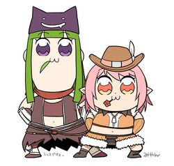  2girls :3 arms_behind_back assassin_cross_(ragnarok_online) bkub_(style) blunt_bangs boots brown_footwear brown_gloves brown_headwear brown_shirt brown_shorts brown_skirt brown_vest chibi closed_mouth commentary_request cowboy_hat crop_top deviruchi_hat elbow_gloves flower_in_mouth full_body fur-trimmed_shirt fur-trimmed_shorts fur_trim gloves green_hair hat hat_feather long_hair looking_at_viewer midriff miyan_(shamigame) multiple_girls navel orange_eyes parody pink_hair pointy_ears poptepipic poptepipic_pose purple_eyes ragnarok_masters ragnarok_online red_scarf scarf shirt shoes short_hair shorts signature simple_background skirt sleeveless sleeveless_shirt smile sniper_(ragnarok_online) standing style_parody two-tone_shirt vambraces vest white_background 