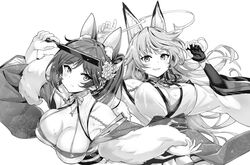  2girls animal_ears arm_up azur_lane blush breasts cleavage closed_mouth collarbone commentary elbow_gloves expressionless fingerless_gloves fox_ears fox_tail gloves greyscale grin highres hori_(hori_no_su) jintsuu_(azur_lane) large_breasts long_hair looking_at_viewer monochrome multiple_girls parted_lips sendai_(azur_lane) smile sparkle sweat tail teeth very_long_hair 