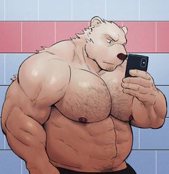  abs absurd_res anthro barazoku bear blue_eyes body_hair cellphone chest_hair clothed clothing digital_media_(artwork) ear_piercing ear_ring electronics episode0006 fur hi_res holding_cellphone holding_object holding_phone inside kemono looking_at_cellphone looking_at_object looking_at_phone male mammal muscular muscular_anthro muscular_male nipples pecs phone piercing ring_piercing selfie shaded solo tile tile_wall topless wall_(structure) white_body white_fur 