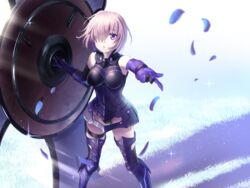  armor armored_boots armored_leotard black_gloves black_leotard black_thighhighs boots breasts breasts_apart commentary elbow_gloves fate/grand_order fate_(series) faulds female gloves grass gyoza_(pi512126) hair_over_one_eye highres leotard looking_up mash_kyrielight medium_breasts outstretched_arm parted_lips petals pink_hair purple_eyes purple_footwear purple_gloves short_hair solo standing sunlight thigh_boots thigh_strap thighhighs two-tone_gloves 