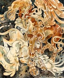  2015 abstract_background ambiguous_gender armor artist_name bandai_namco cryptosilver digimon digimon_(species) duo equid equine feathered_wings feathers felid feral gold_(metal) gold_armor mammal mythological_creature mythological_sphinx mythology nefertimon orange_body painting_(artwork) pegasusmon star traditional_media_(artwork) watercolor_(artwork) white_body white_feathers wings yellow_body yellow_feathers yellow_wings 