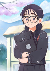  absurdres aragon_honnin black-framed_eyewear black_bag black_hair black_sailor_collar black_serafuku black_shirt black_skirt blue_sky blush braid briefcase building cherry_blossoms cloud cloudy_sky commentary_request day female foliage freckles glasses hair_over_shoulder halftone highres holding holding_briefcase jimiko long_sleeves neckerchief original outdoors petals photoshop_(medium) purple_eyes red_neckerchief sailor_collar school_briefcase school_uniform semi-circular_eyewear serafuku shirt skirt sky smile solo standing tareme thick_eyebrows tree twin_braids twintails upper_body 