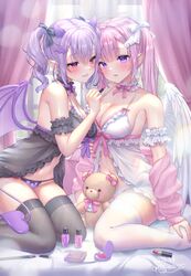  2girls absurdres angel angel_and_devil angel_wings arm_strap babydoll bare_shoulders black_babydoll black_bow black_thighhighs blush bow breasts choker cleavage commentary demon_girl demon_horns demon_tail demon_wings english_commentary hair_ornament hairbow halo highres horns kneeling large_breasts lipstick long_hair makeup multiple_girls navel original panties parted_lips pink_hair pointy_ears purple_eyes purple_hair purple_panties sitting smile stuffed_animal stuffed_toy tail teddy_bear thighhighs thighs twintails underwear wariza white_babydoll white_thighhighs wings yuyuko_(yuyucocco) 