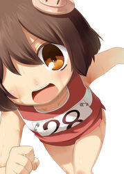  :d brown_eyes brown_hair clothes_pin female flat_chest gym_uniform hair_ornament hota looking_at_viewer lsd_~long_slow_distance~ one_eye_covered open_mouth red_shorts red_vest round_teeth running short_hair shorts simple_background sleeveless smile solo sweat teeth upper_teeth_only vest white_background 