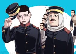  6+boys alternate_hairstyle black_eyes black_hair black_headwear blue_jacket blue_pants blush brothers buzz_cut decoy00xx facial_hair gloves golden_kamuy hand_up hat imperial_japanese_army jacket kepi long_sideburns long_sleeves male_focus military military_hat military_uniform moustache multiple_boys nikaidou_kouhei nikaidou_youhei noma_naoaki ogata_hyakunosuke okada_fumio pants peeking_out scar scar_on_cheek scar_on_face short_hair siblings sideburns star_(symbol) stubble sweatdrop tamai_houzo tanigaki_genjirou twins two-tone_headwear uniform upper_body very_short_hair white_gloves yellow_headwear 