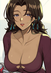  bag blush breasts brown_hair can cleavage cleavage_cutout clothing_cutout collarbone cowboy_bebop dark-skinned_female dark_skin earrings evan_yang female grey_eyes highres jewelry katerina_solensan large_breasts long_hair low_neckline parted_lips scoop_neck shopping_bag 