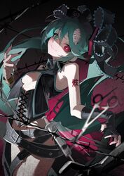  absurdly_long_hair aqua_eyes aqua_hair arm_tattoo bare_legs bare_shoulders belt black_belt black_gloves black_nails breasts bright_pupils ca_(maeda_koutarou) calne_ca_(deino) closed_mouth earrings female fingerless_gloves gloves hair_between_eyes hair_ornament hatsune_miku heterochromia highres jewelry jiu_ye_sang long_hair looking_at_viewer medium_breasts multiple_belts nail_polish nato-kun necklace needle open_clothes red_eyes scissors shaded_face shadow sidelocks single_fingerless_glove skull_necklace smile solo tattoo twintails very_long_hair vocaloid watch white_pupils wristwatch 