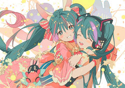  2girls animal_ear_fluff animal_ears aqua_eyes aqua_hair balabling bare_shoulders blush bow closed_eyes commentary detached_sleeves dress_flower dual_persona english_commentary facing_viewer grin hair_between_eyes hair_ornament hairbow hatsune_miku headphones hug long_hair looking_at_viewer multiple_girls open_mouth puffy_short_sleeves puffy_sleeves rabbit_ears short_sleeves shoulder_tattoo smile tattoo twintails vocaloid 