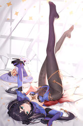  absurdres black_gloves black_hair blue_leotard breasts elbow_gloves feet female full_body fur_trim genshin_impact gloves green_eyes hair_ornament hat highres legs legs_up leotard long_hair looking_at_viewer lying mona_(genshin_impact) no_shoes on_back outstretched_arm pantyhose thighs toes tongue tongue_out twintails unworn_headwear witch_hat yuia 