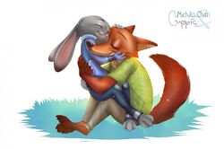  anthro barefoot bottomwear brown_body brown_fur canid canine closed_eyes clothed clothing collaboration digital_media_(artwork) dipstick_ears disney duo ear_markings feet female fox fully_clothed fur grass grey_body grey_fur guppic hug judy_hopps lagomorph leporid male male/female mammal michikochan multicolored_ears nick_wilde on_lap pants plant rabbit red_fox shaded shirt simple_background sitting_on_lap smile topwear true_fox white_background zootopia 