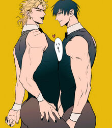  2boys absurdres ass between_pectorals black_hair black_lips black_nails blonde_hair bow bowtie crossdressing crossover dio_brando earrings evil_grin evil_smile fushiguro_touji green_eyes grin heart highres jewelry jojo_no_kimyou_na_bouken jujutsu_kaisen large_pectorals leotard looking_at_viewer looking_back male_focus mature_male multiple_boys muscular muscular_male pantyhose pectoral_docking pectoral_press pectorals shenshan_laolin short_hair smile smirk stardust_crusaders thong_leotard wrist_cuffs yaoi yellow_background yellow_eyes 