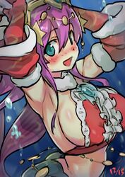  :d absurdres armpits blue_eyes blush breasts commentary covered_nipples crown dated elbow_gloves female from_side gloves hair_between_eyes hands_up highres large_breasts long_hair looking_at_viewer mermaid monster_girl open_mouth purple_hair puzzle_&amp;_dragons red_gloves siren_(p&amp;d) smile solo try_(lsc) underwater 