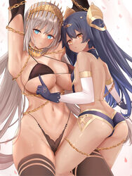  2girls abs armlet armpits ass back backless_outfit bare_shoulders bikini black_bikini black_gloves black_hair black_thighhighs blue_eyes blush breasts chains cleavage commentary crown cuffs dark-skinned_female dark_skin earrings egyptian_clothes elbow_gloves fate/grand_order fate_(series) gloves gold_trim grey_hair hair_ornament height_difference highleg highleg_bikini highres jewelry large_breasts layered_gloves long_hair looking_at_viewer md5_mismatch multiple_girls navel neck_ring neneru nephtim_(world_flipper) open_mouth orange_eyes small_breasts swimsuit thighhighs thighs white_gloves world_flipper yuri zenobia_(fate) 