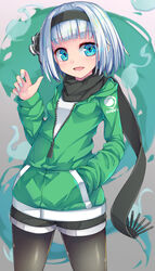  :d black_hairband black_pantyhose black_ribbon black_scarf black_shorts blue_eyes commentary contemporary female fringe_trim green_jacket grey_hair grey_nails hair_ribbon hairband hand_in_pocket hand_up highres jacket konpaku_youmu long_sleeves looking_at_viewer nail_polish open_clothes open_jacket open_mouth pantyhose pantyhose_under_shorts partially_unzipped ribbon scarf shirt short_hair short_shorts shorts sleeves_past_wrists smile solo standing touhou uumaru white_shirt 