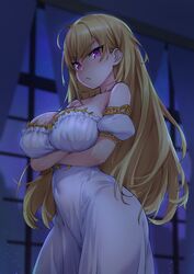  :&lt; absurdres arms_under_breasts bare_shoulders blonde_hair blurry blurry_background blush breast_hold breasts cleavage closed_mouth collarbone commentary covered_navel covered_nipples cowboy_shot crossed_arms curtains depth_of_field detached_sleeves dress female highres indoors large_breasts long_hair looking_at_viewer night nijisanji pink_eyes puffy_short_sleeves puffy_sleeves short_sleeves sky solo star_(sky) starry_sky strapless strapless_dress takamiya_rion takamiya_rion_(2nd_costume) try_(lsc) v-shaped_eyebrows very_long_hair virtual_youtuber white_dress window 