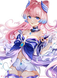  absurdres bare_shoulders blue_bow blue_choker blue_eyes blue_hair bow choker commentary_request cowboy_shot dress female genshin_impact gloves gradient_hair grin hamonji highres long_hair looking_at_viewer multicolored_hair navel off-shoulder_dress off_shoulder parted_lips pink_hair sangonomiya_kokomi short_shorts shorts simple_background smile solo standing stomach thighhighs thighs very_long_hair white_background white_gloves white_shorts 