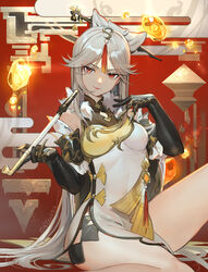  bare_shoulders black_gloves breasts chinese_clothes claw_ring commentary_request detached_sleeves dress elbow_gloves female frilled_sleeves frills fur_collar genshin_impact gloves grey_hair hair_ornament hairpin hand_up highres holding holding_smoking_pipe jewelry kiseru leg_up long_hair looking_at_viewer medium_breasts ningguang_(genshin_impact) parted_bangs pelvic_curtain red_eyes sidelocks sitting sleeveless sleeveless_dress smoking_pipe solo tassel thighs type-alpha very_long_hair vision_(genshin_impact) white_dress 