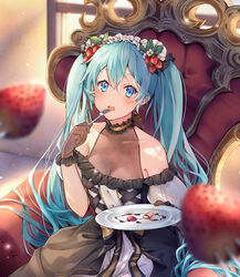  black_dress blue_eyes blue_hair blurry blurry_foreground blush breasts chocolate cleavage collarbone commentary dress english_commentary female fishnet_gloves fishnets food fork fruit gloves hair_between_eyes hatsune_miku headdress holding holding_fork holding_plate kyashii_(a3yu9mi) long_hair looking_at_viewer medium_breasts open_mouth plate sitting solo strawberry throne twintails very_long_hair vocaloid 