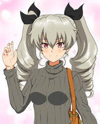  ada_badguy anchovy_(girls_und_panzer) bag black_ribbon carrying closed_mouth commentary_request drill_hair female girls_und_panzer green_hair green_shirt hair_ribbon handbag highres long_hair long_sleeves looking_at_viewer partial_commentary red_eyes ribbed_shirt ribbon shirt smile solo standing turtleneck twin_drills twintails upper_body waving 