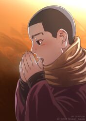  1boy aged_down black_eyes black_hair blush buzz_cut decoy00xx from_side golden_kamuy lolicon long_sleeves male_focus ogata_hyakunosuke open_mouth own_hands_together scarf short_hair solo upper_body very_short_hair warming_hands wide_sleeves yellow_scarf 