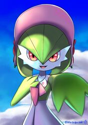  absurdres blurry bonnet cloud commentary_request day female flower gardevoir gardevoir_(fashionable) green_hair hand_up highres open_mouth outstretched_hand pink_headwear pokemon pokemon_(creature) pokemon_unite red_flower sky smile solo tongue watagashikn 