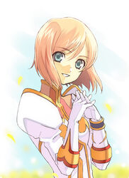  blue_eyes estellise_sidos_heurassein female fingers_together gloves looking_at_viewer pink_hair short_hair smile solo tales_of_(series) tales_of_vesperia tomaty. white_gloves 