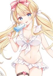  bare_arms bare_shoulders bikini blonde_hair blue_eyes bow breasts cleavage closed_mouth cowboy_shot emu_alice female food frilled_bikini frills front-tie_bikini_top front-tie_top gomano_rio hairbow hand_up highres holding large_breasts liver_city long_hair looking_at_viewer navel popsicle smile solo stomach string_bikini swimsuit thigh_strap tongue tongue_out twintails very_long_hair virtual_youtuber wet white_bikini 