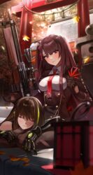  2girls absurdres autumn autumn_leaves brown_hair bullpup clip_studio_paint_(medium) girls&#039;_frontline gun highres lap_pillow leaf m4a1_(girls&#039;_frontline) m4a1_(mod3)_(girls&#039;_frontline) maple_leaf moko_(moko/moko) multiple_girls necktie purple_hair rifle shrine sleeping sniper_rifle stairs stone_stairs tomatsu_haruka torii voice_actor_connection wa2000_(girls&#039;_frontline) walther walther_wa_2000 weapon 