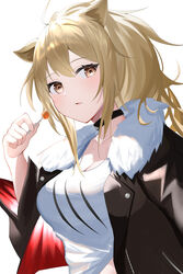  absurdres animal_ears arknights bad_id bad_pixiv_id black_jacket blonde_hair breasts brown_eyes candy choker cleavage female food fur_trim hair_between_eyes highres holding jacket large_breasts lion_ears lollipop long_hair looking_at_viewer ryuya siege_(arknights) simple_background solo tank_top upper_body white_background 