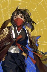  black_hair brown_eyes cindy_moon female hanbok hands_in_pockets highres jacket jacket_on_shoulders juby korean_clothes looking_to_the_side marvel mask medium_hair mouth_mask silk_(marvel) solo spider_web_background wind wind_lift yellow_background 