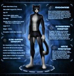  2012 adam_sung anthro black_body black_fur blue_eyes clothed clothing domestic_cat english_text felid feline felis fur hi_res la_volpe looking_at_viewer male mammal model_sheet pink_nose science_fiction skinny solo superhero superpowers text topless underwear white_body white_fur 