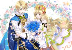  1boy absurdly_long_hair alfred_(fire_emblem) bare_shoulders blonde_hair blue_cape bouquet brother_and_sister butterfly_hair_ornament cape celine_(fire_emblem) commentary_request crown dress female fire_emblem fire_emblem_engage frilled_dress frilled_shirt frills hair_ornament head_wreath holding holding_bouquet kakiko210 long_hair petals shirt short_hair siblings upper_body very_long_hair white_background white_dress yellow_eyes 