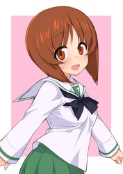  :d absurdres black_bow black_bowtie blush bob_cut border bow bowtie brown_eyes brown_hair commentary female girls_und_panzer green_skirt highres inverted_bob long_sleeves looking_at_viewer miniskirt nishizumi_miho ooarai_school_uniform open_mouth pink_background pleated_skirt sailor_collar school_uniform serafuku shirt short_hair simple_background skirt smile solo try_(lsc) white_border white_sailor_collar white_shirt 