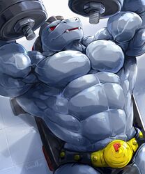  2020 abs absurd_res anthro belt bench_press biceps big_muscles bodily_fluids bulge clothed clothing digital_media_(artwork) dumbbell exercise generation_1_pokemon hi_res huge_muscles machoke male muscular muscular_anthro muscular_male nintendo obliques pecs pokemon pokemon_(species) red_eyes smile solo speedo sweat swimwear topless triceps vein veiny_muscles waddledox weightlifting weights workout 