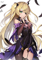  :o asymmetrical_clothes bare_shoulders black_dress black_gloves black_thighhighs blonde_hair blush bow bowtie breasts bridal_gauntlets commentary_request cowboy_shot dress eyepatch feathers female fischl_(genshin_impact) garter_straps genshin_impact gloves green_eyes hand_on_own_face hand_up highres long_hair looking_at_viewer one_eye_covered parted_lips purple_bow purple_bowtie short_dress simple_background single_glove single_thighhigh small_breasts solaris_(sinhyg) solo thigh_gap thighhighs two_side_up very_long_hair white_background 