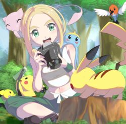  :d absurdres ankle_boots belt blonde_hair blush boots breasts brown_footwear bush camera capri_pants commentary_request crop_top eyelashes female fletchling grass green_eyes green_pants green_wristband highres holding mew_(pokemon) negimiso1989 open_mouth pants photographer pichu pikachu pokemon pokemon_(creature) pokemon_xy shirt sitting sleeveless sleeveless_shirt smile surskit teeth tongue tree tree_stump upper_teeth_only viola_(pokemon) white_belt white_shirt wristband 