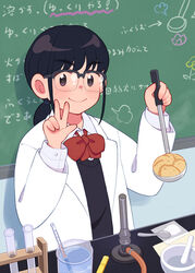  aragon_honnin arrow_(symbol) beaker black-framed_eyewear black_hair black_sweater blush bow bowtie bunsen_burner buttoned_cuffs buttons chalkboard closed_mouth collared_shirt commentary female food freckles glasses highres holding holding_ladle indoors jacket jimiko karumeyaki lab_coat laboratory ladle liquid liquid-in-glass_thermometer long_hair long_sleeves looking_at_viewer low_ponytail mortar_(bowl) open_clothes open_jacket original over-rim_eyewear paper photoshop_(medium) ponytail powdered_sugar red_bow red_bowtie school_uniform semi-rimless_eyewear shirt smile solo spoon sweater test_tube test_tube_rack thermometer thick_eyebrows upper_body w white_shirt 