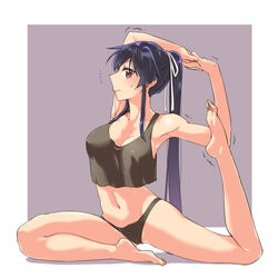  abo_(hechouchou) alternate_costume barefoot black_hair blush border breasts brown_eyes closed_mouth collarbone feet female flexible full_body groin hair_between_eyes highres kantai_collection large_breasts long_hair navel pigeon_pose ponytail soles solo toes white_border yahagi_(kancolle) yoga 