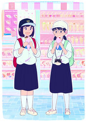  2girls aragon_honnin backpack bag baseball_cap black_hair black_hat blue_bow blue_bowtie blue_eyes blue_skirt border bow bowtie closed_mouth collared_shirt commentary_request convenience_store crepe food full_body glasses green_bag hat holding holding_food ice_cream ice_cream_crepe ice_cream_cup indoors jewelry long_hair looking_at_another looking_at_food looking_to_the_side low_twintails medium_hair multiple_girls necklace open_mouth original photoshop_(medium) poster_(object) red_bag rimless_eyewear round_eyewear rounded_corners school_uniform shelf shirt shoelaces shoes shop skirt sleeves_past_elbows smile sneakers socks standing twintails two-tone_hat watch white_border white_footwear white_hat white_shirt white_socks wristwatch 