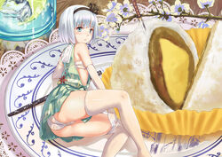  aqua_dress aqua_eyes ass bad_id bad_pixiv_id blush cameltoe dango dress elbow_gloves female food gloves hair_ribbon katana konpaku_youmu mini_person minigirl panties photoshop_(medium) planted planted_sword plate ribbon sarashi side_slit sleeveless sleeveless_dress solo sword thighhighs touhou underwear wagashi weapon white_gloves white_hair white_panties white_thighhighs yizhirenben 