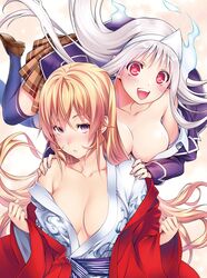  2girls :d albino bad_id bath_yukata blazer blonde_hair blue_thighhighs blush breasts cleavage collarbone cosplay costume_switch crossover floating grey_hair hanten_(clothes) highres jacket japanese_clothes jpeg_artifacts kimono large_breasts loafers miura_tadahiro multiple_girls nakiri_erina nakiri_erina_(cosplay) off_shoulder open_mouth parted_lips plaid plaid_skirt pleated_skirt purple_eyes red_eyes saeki_shun school_uniform shoes shokugeki_no_souma sidelocks skirt smile thighhighs tootsuki_saryou_ryouri_gakuen_uniform triangular_headpiece waifu2x yukata yunohana_yuuna yunohana_yuuna_(cosplay) yuragisou_no_yuuna-san 