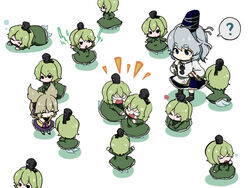  6+girls ? bad_id bad_pixiv_id brown_hair chibi clone dress earmuffs electricity green_hair grey_hair hat japanese_clothes lying mononobe_no_futo multiple_girls neko_nami83 open_mouth ponytail ritual_baton short_hair skirt smile soga_no_tojiko tate_eboshi touhou toyosatomimi_no_miko 