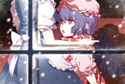  2girls aloin.g apron bad_id bad_pixiv_id bat_wings fangs head_out_of_frame highres izayoi_sakuya light_purple_hair multiple_girls photoshop_(medium) red_eyes remilia_scarlet scarf scarf_tying short_hair snow snowing touhou waist_apron window wings 