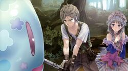  1boy absurdres atelier_(series) atelier_totori blue_sleeves brown_gloves brown_hair collarbone female forest gino_knab gloves green_eyes highres holding holding_sword holding_weapon kishida_mel long_hair nature official_art outdoors puni_(atelier) purple_eyes short_hair sword totooria_helmold weapon 