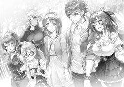  1boy 5girls ;d ahoge arm_grab blush breasts camera casual choker cleavage corset dress floating_hair girl_sandwich glasses greyscale hair_between_eyes hair_ornament hair_scrunchie hairband hand_in_own_hair hands_in_pockets head_tilt high_ponytail holding holding_camera holding_hands huge_breasts interlocked_fingers jacket jewelry layered_skirt letterman_jacket long_hair miniskirt monochrome multiple_girls naruse_maria naruse_mio necklace nonaka_kurumi nonaka_yuki novel_illustration official_art one_eye_closed ookuma_nekosuke open_clothes open_jacket open_mouth pants sandwiched scrunchie shinmai_maou_no_testament short_dress short_hair skirt smile spiked_hair standing sundress sweater toujou_basara turtleneck turtleneck_sweater very_long_hair watch wristwatch zest 