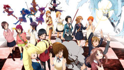  &gt;_&lt; 6+girls adachi_shingo_(person) asuna_(sao) blazer boko_(maniacpurple) checkered_floor chestnut_mouth closed_eyes commentary creator_connection crossover galilei_donna gerbera_pink hand_on_own_cheek hand_on_own_face hazuki_ferrari highres hood hoodie hozuki_ferrari hydrangea_blue inami_mahiru jacket kazuki_ferrari kirigaya_suguha lisbeth_(sao) luna_platz_(mega_man) lupinus_purple magical_flowers mega_man_(series) mega_man_star_force mimosa_yellow multiple_girls musical_note open_mouth pina_(sao) rose_black school_uniform servant_x_service silica skirt sonia_strumm_(mega_man) sweater sword_art_online taneshima_popura todoroki_yachiyo waitress working!! wrench yamada_aoi 