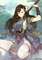  artist_name benizuki_(toukiden) breasts brown_hair earrings female hair_ornament hidari_(left_side) jewelry large_breasts light_particles long_hair polearm red_eyes silhouette solo squatting thighhighs toukiden toukiden_2 tree very_long_hair watermark weapon white_thighhighs 